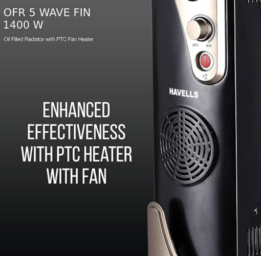 Havells OFR 5 Wave Fins with Fan 1400 watt (Black), (GHROFBXK140) - Image 2